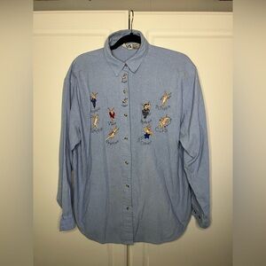 Vintage Christmas Embroidered Rudolph and Reindeer Friends Button Up